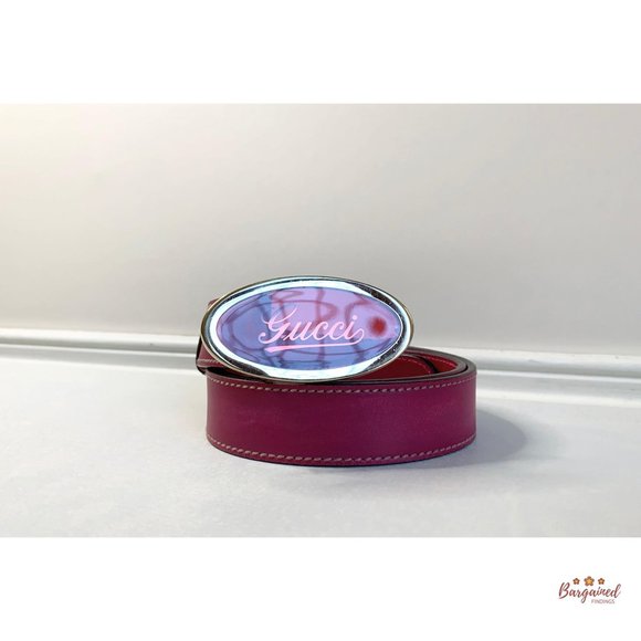 Authentic GUCCI Fuchsia Pink Leather Script Buckle Women's Belt 85/34 170884 - Picture 5 of 12